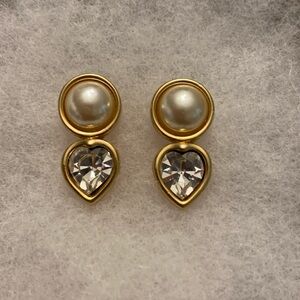 Vintage SAL Gold Tone Heart Shaped SWAROVSKI crystal pearl earrings